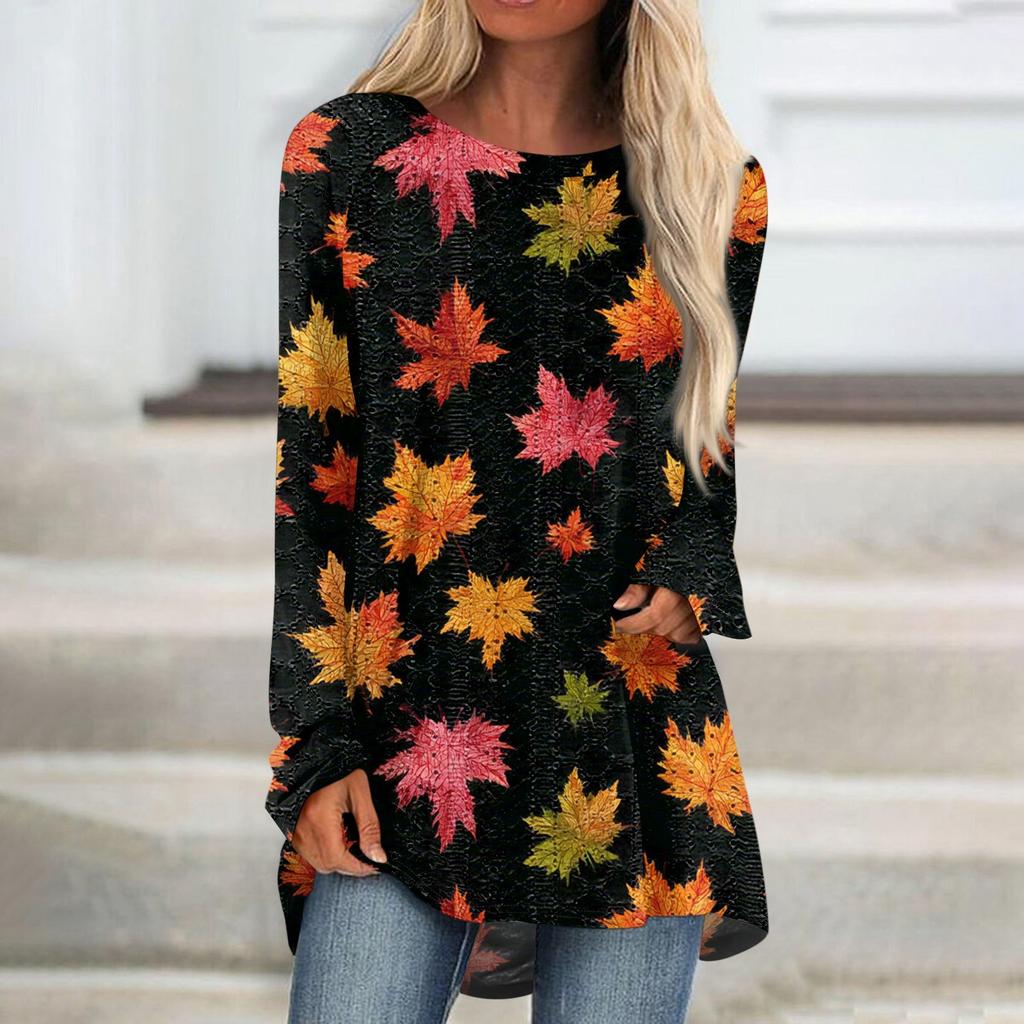 Damen Oberteile Rundhals Langarm Blusen Lässige Mittellange Hemden Mode Druck Tunika-Tops