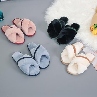 Fashion Women Autumn Winter The New Korean Version of The Cross-haired Slippers Indoor Plush Floor Drag Open-toed One-word Slippers