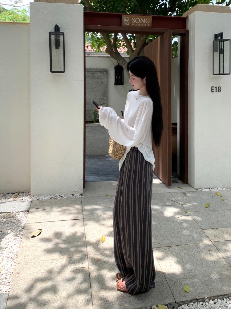 Women's Striped Wide-Leg Linen Pants - Summer Casual Style with Elastic Waist