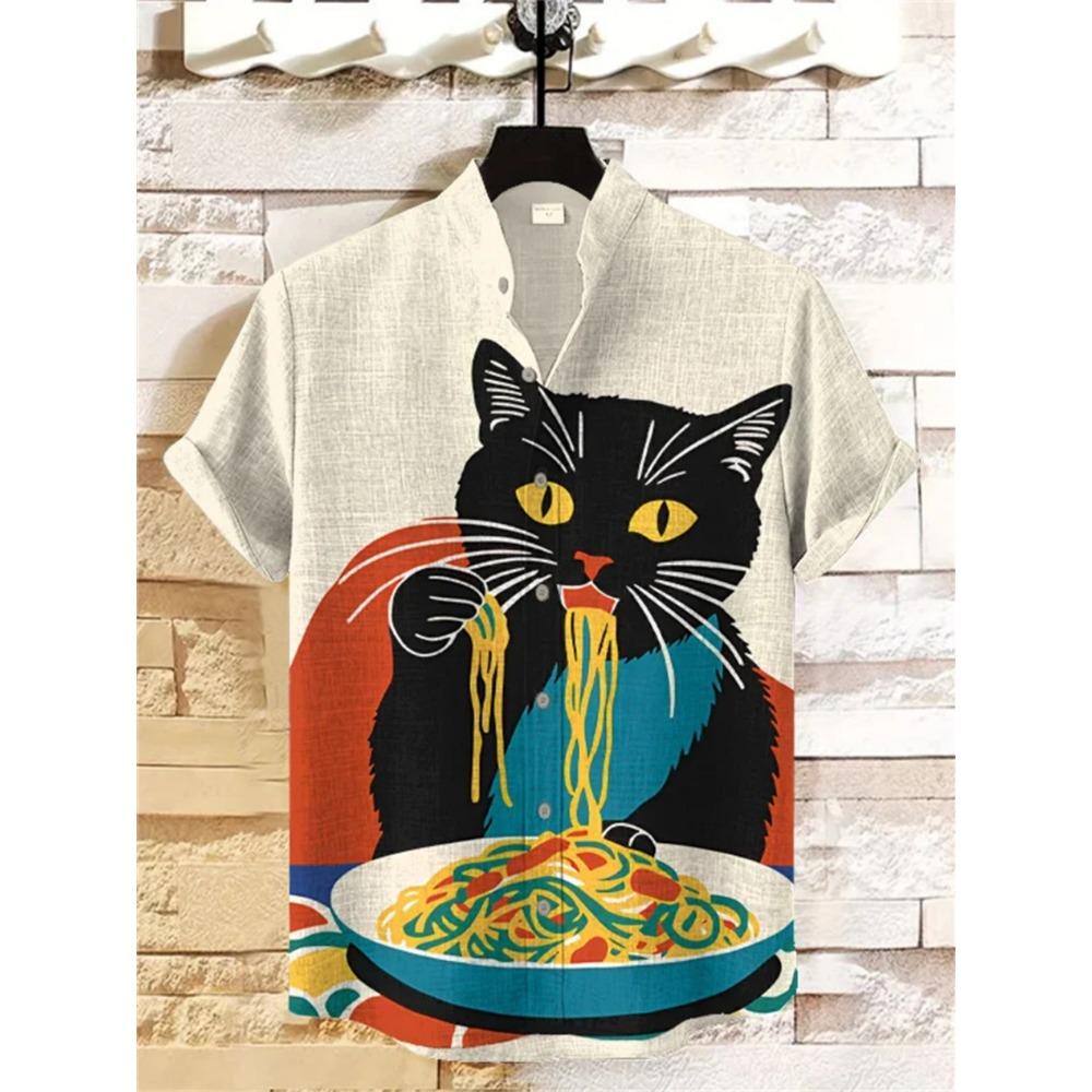 Men's Japanese Style Kimono Cat Printed Linen Shirt Summer Fashionable Stand Up Collar Short Sleeve