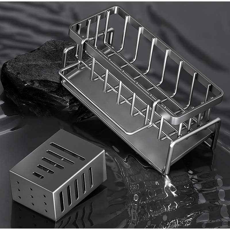 Stainless Steel Kitchen Sink Storage Rack Space Saving Built-in Sponge Rack And Drainage Basket For Kitchen Cleaning And Storage
