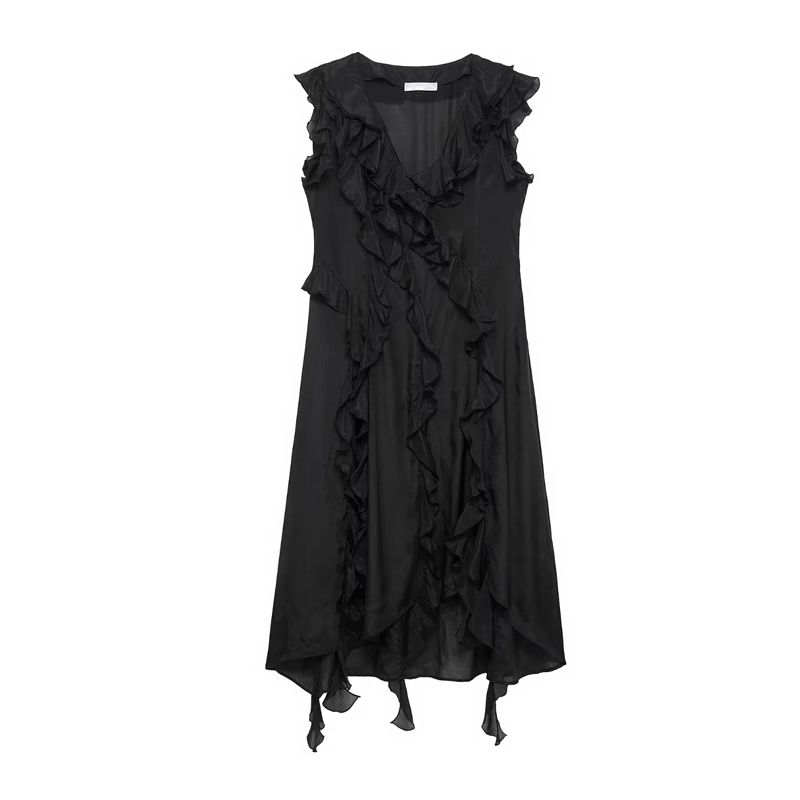 Spring New Women's Clothing Commute Style V Neck Sleeveless Ruffles Stomach Blanket Style Mid Length Long Length High Waist A- Line Dress