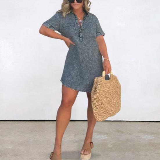 Damen Sommer Denim V-Ausschnitt Ärmel A-Linie Zerrissener Saum Kurzes Kleid Revers Über Knie Länge Brusttasche