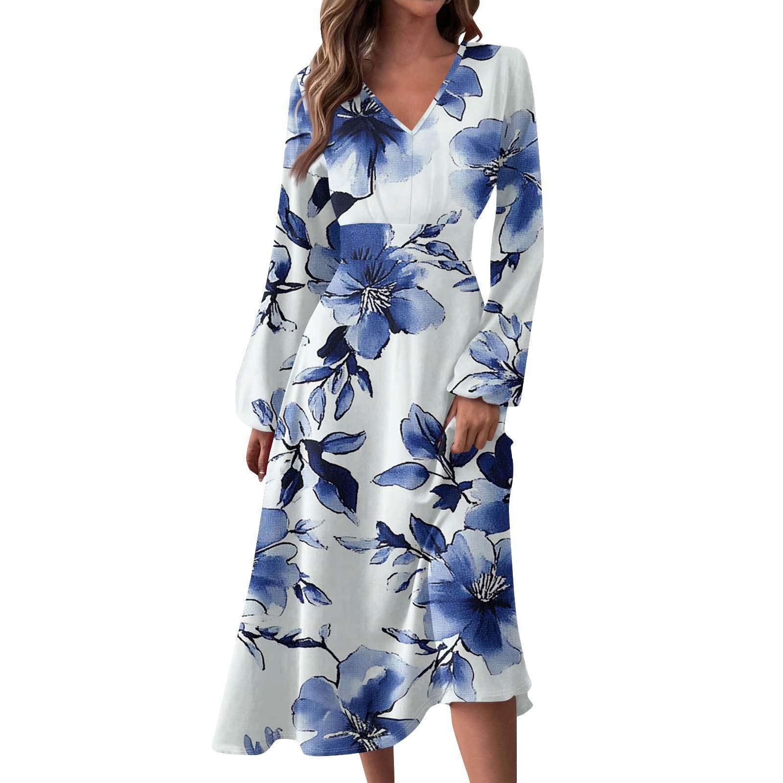 Women Floral Print Long Sleeve V Neck Midi Dress Elegant Casual Flowy A Line Dress with Comfortable Fit for Daily Wear L