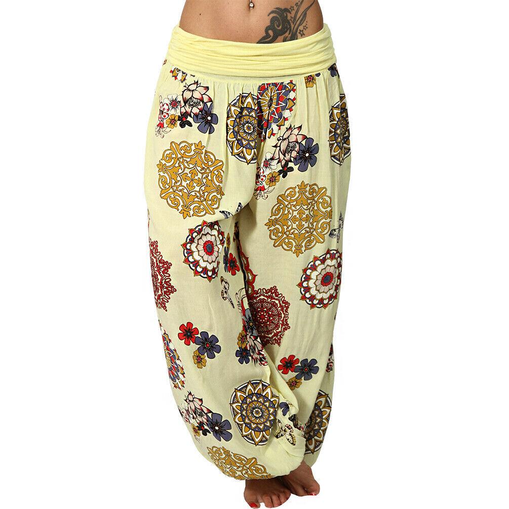 Women's High Waist Printed Harem Pants Loose Wide Leg Long Trousers Elastic Fold Waist Casual Bohemian Digital Print Baggy Pants