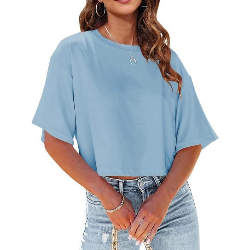 

YYFS женские модные повседневные летние весенние однотонные блузки и рубашки с короткими рукавами и круглым вырезом с принтом XL