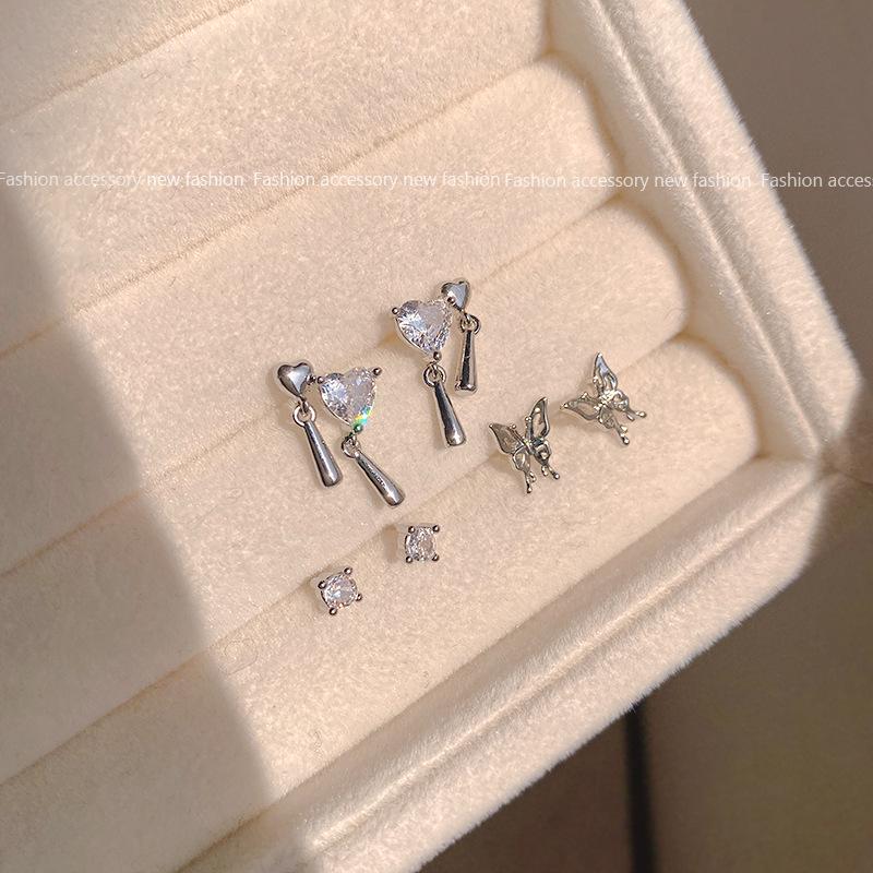 Girly Butterfly & Diamond Love Earrings Set - 6 Piece Collection