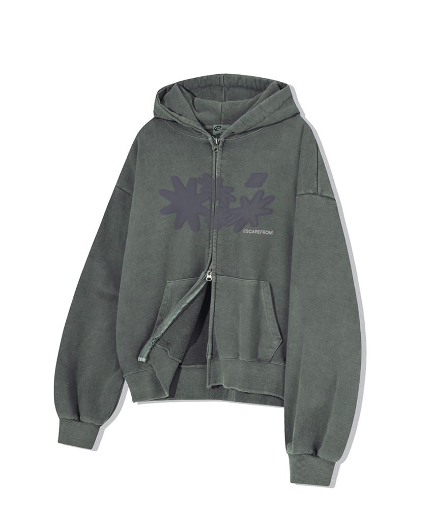 Escapefrom Flare Sun Logo Print Two-Way Pigment Zip-Up Hoodie Khaki