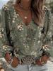 Retro Ethnic V-neck Women's Long-sleeved Top with Lantern Sleeves Featuring Totem Print In Bohemian Style, Suitable for All Season