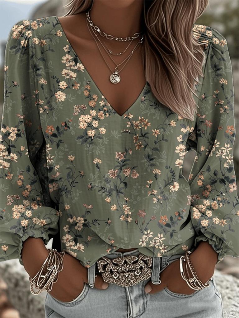 Retro Ethnic V-neck Women's Long-sleeved Top with Lantern Sleeves Featuring Totem Print In Bohemian Style, Suitable for All Season