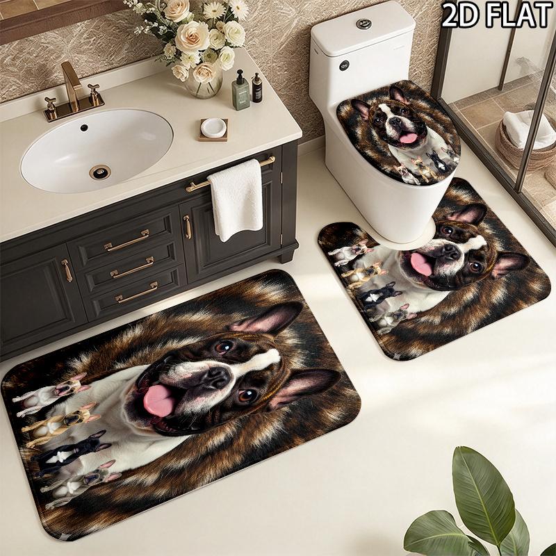 French Bulldog Pattern 3Pcs Bathroom Rug Set, Non Slip Absorbent Bath Mat, Contour Mat & Toilet Lid Cover, Bathroom Decor