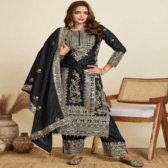 Midnight Black Vichitra Silk Heavily Embroidered Straight Salwar Suit Set S чёрный