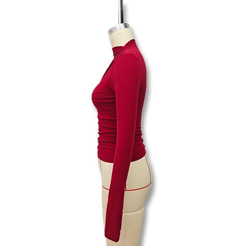 2024 Autumn/Winter Slim-Fit High-Neck Pleated Long-Sleeve Women's Top