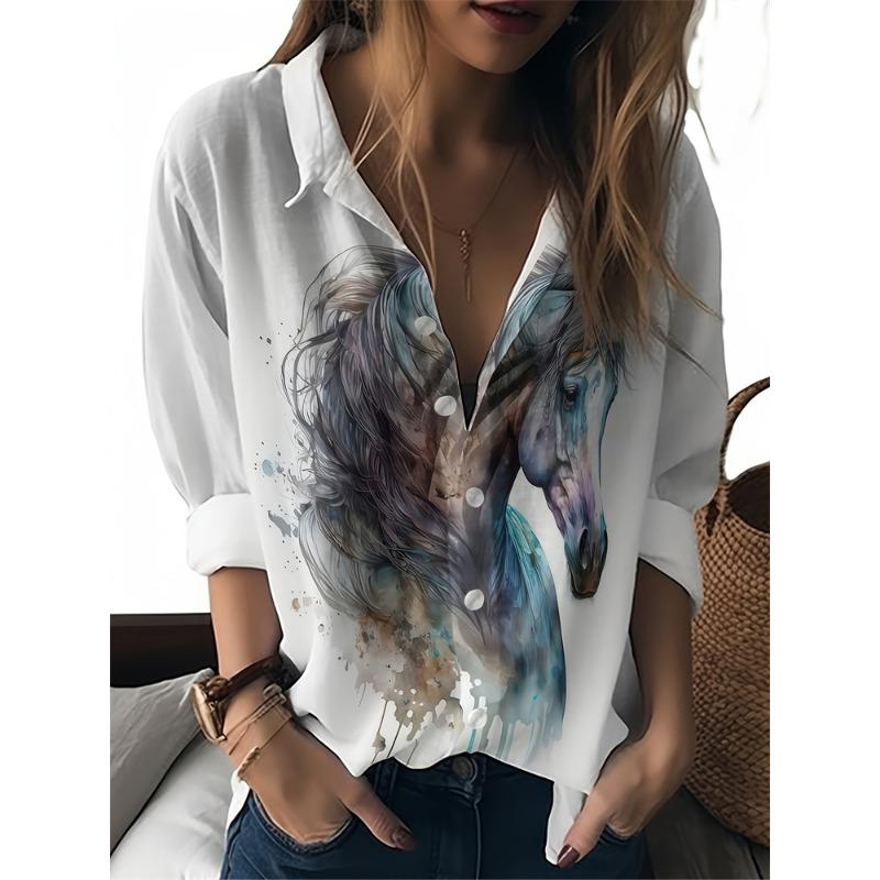 Womens Summer Shirt Fun Printed Lapel Shirt Casual Outdoor Loose Large Size Shirt Fashion Comfortable Breathable Long Sleeve Top