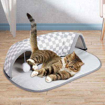 2-in-1 Kattenbed Speeltunnel Opvouwbaar Zacht Kattenbuizen Speelgoed Interactief met Verwijderbaar Matje voor