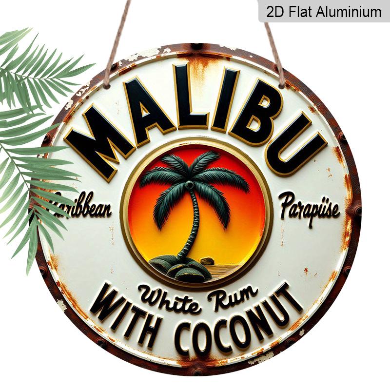

[Tropical Rum Sign]2D Flat, 1pc Tropical Caribbean Rum & Coconut Metal Wall Sign - Round Durable Aluminum Beach Art with Palm Trees & Parrot for Bar 7.87×7.87inch