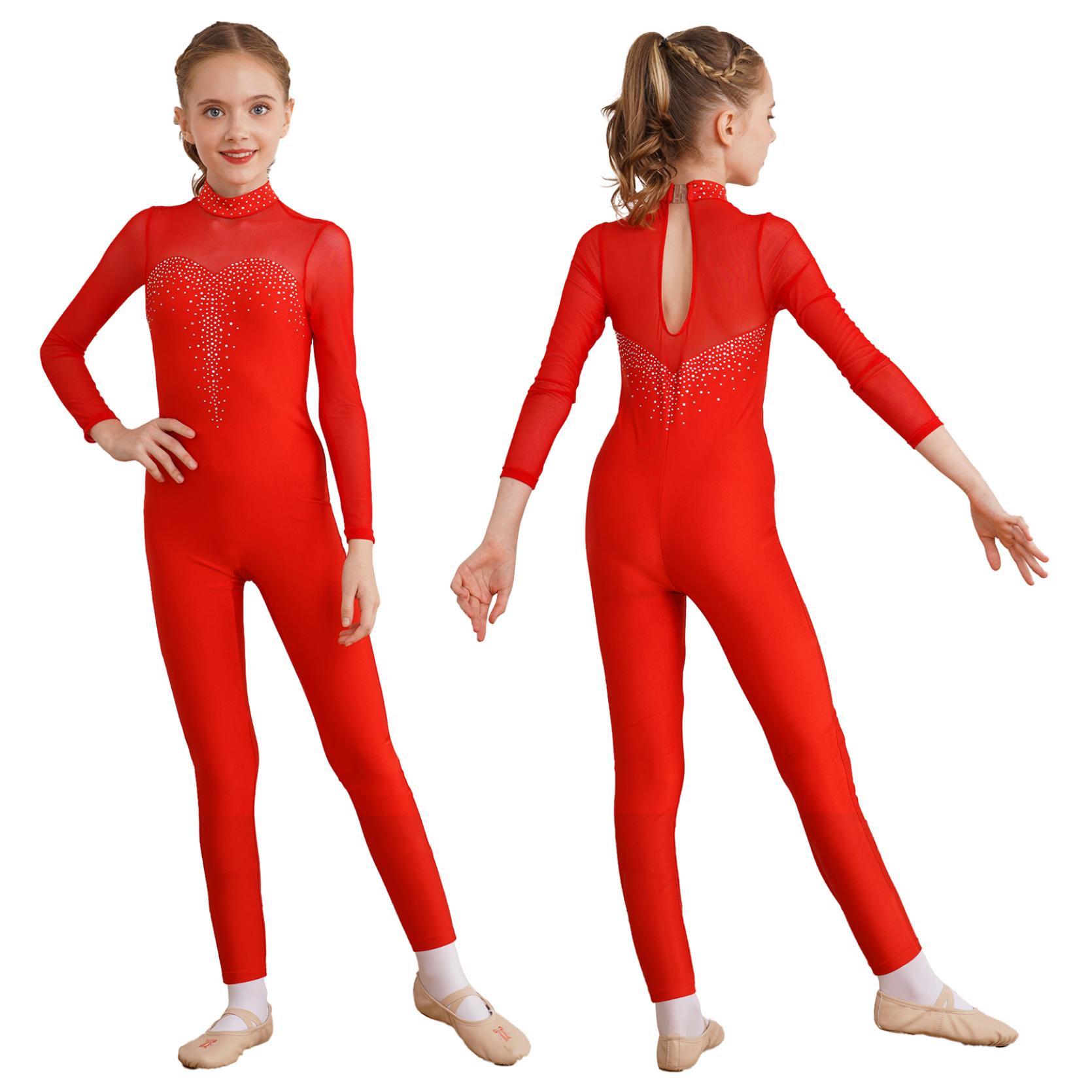 Costume da bambina per pattinaggio di figura Unitard con strass lucidi, tuta a maniche lunghe, ginnastica, spettacolo di danza 5-6 Years rosso