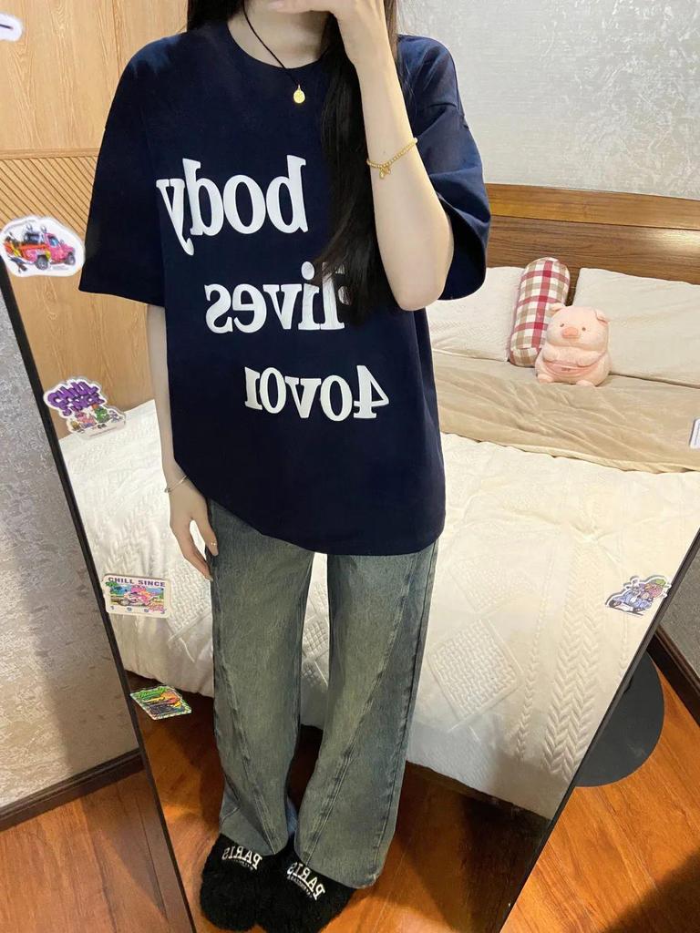 100% American Cool Letter Women's Summer Short Sleeve T-shirt - Trendy Loose Casual Top