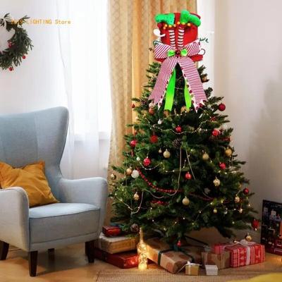 Christmas Tree Toppers Elf Leg Top Hat Bowknot Treetop Ornaments for Christmas Home Party Decoration Festival Party Gift