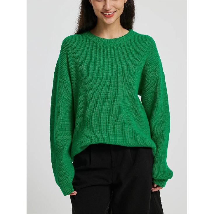 Vintage Women s Sweater 2025 Autumn New Solid Color O-Neck Long Sleeved Versatile Casual Loose Lazy Style Pullover Sweater Top S зелёный