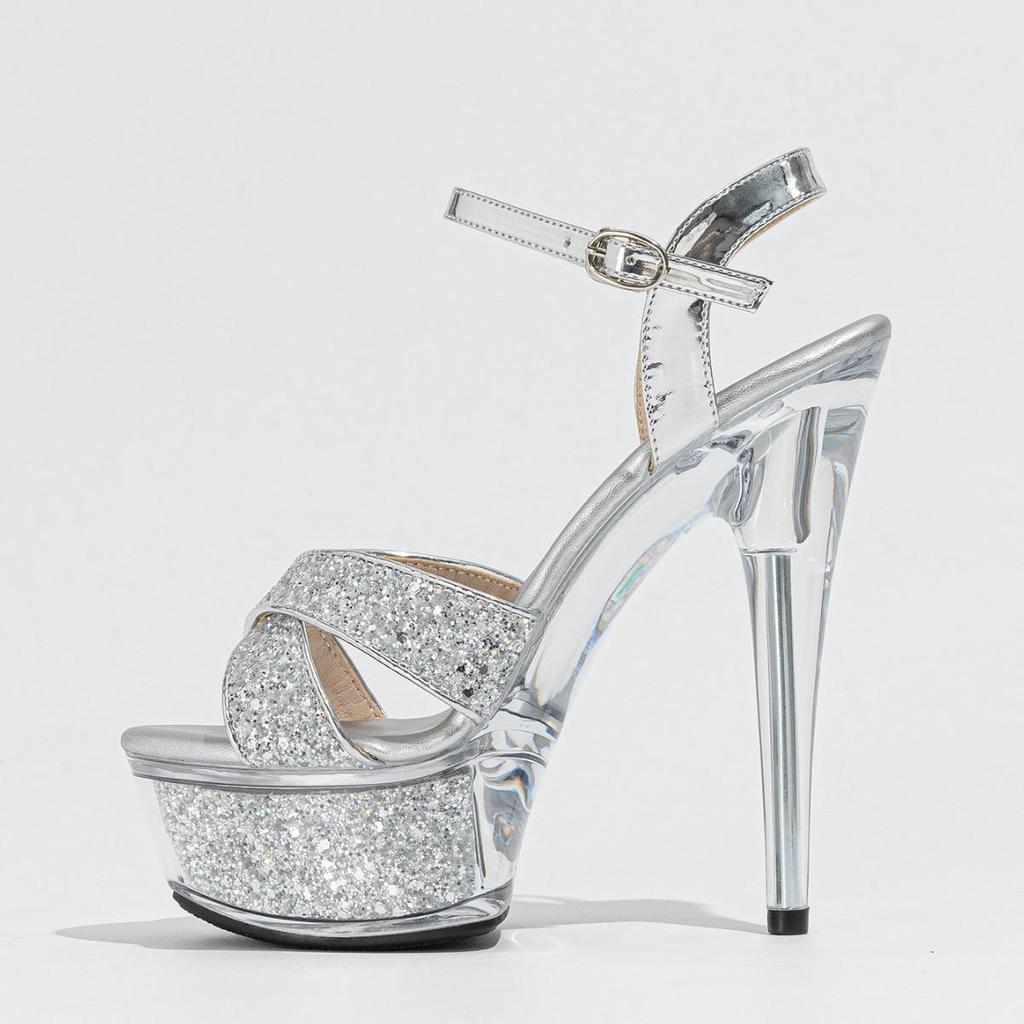 Women's 15cm Crystal Sequin Peep-Toe Stilettos with Transparent One-Strap Sandals