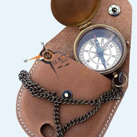 Pocket Brass Compass Antique Finish with Leather Case