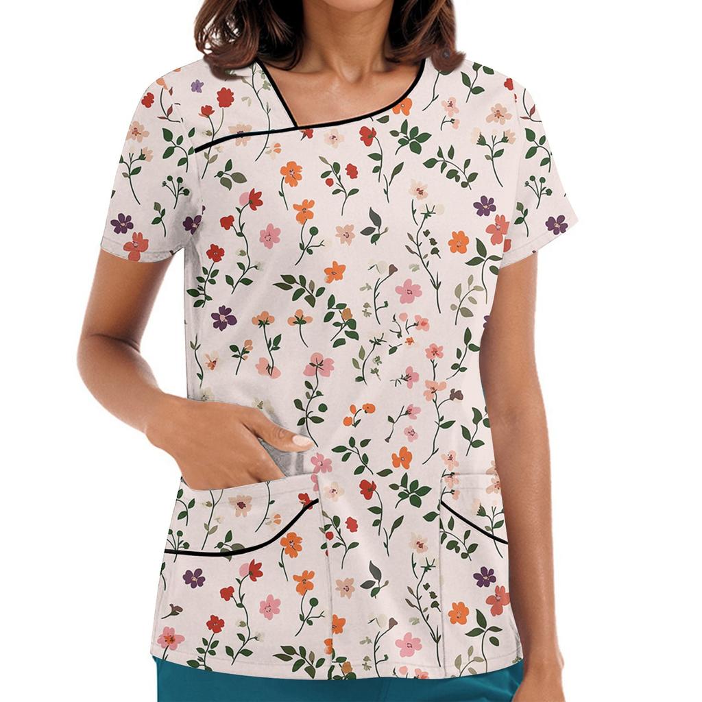 Dámské potištěné pracovní oblečení, šikmý límec a dvojité kapsy, základní top pulovr