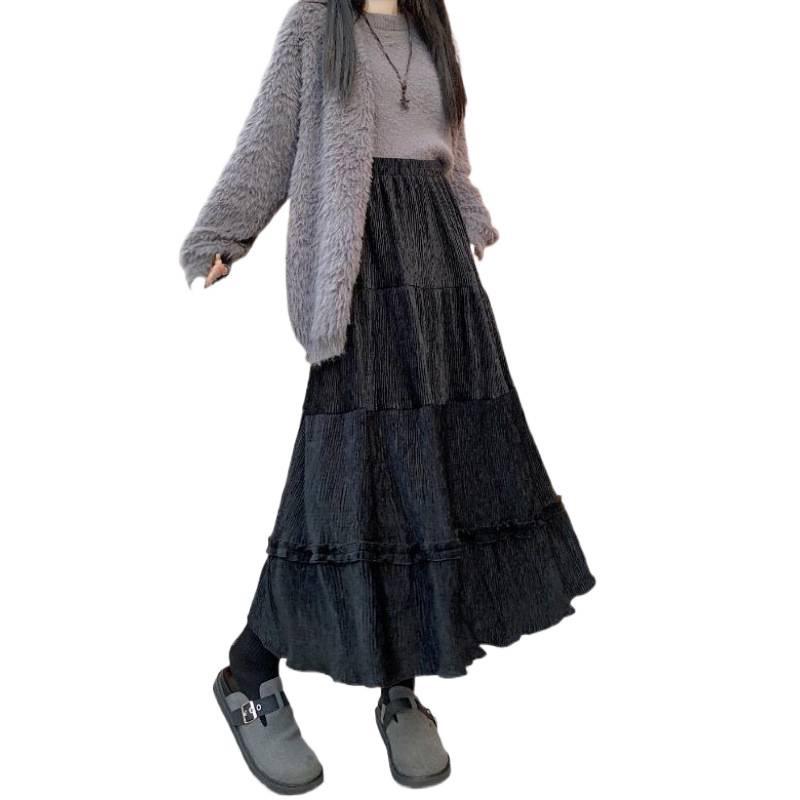Women's High Waist Corduroy A-Line Mid-Length Skirt with Lace - Autumn/Winter 2025