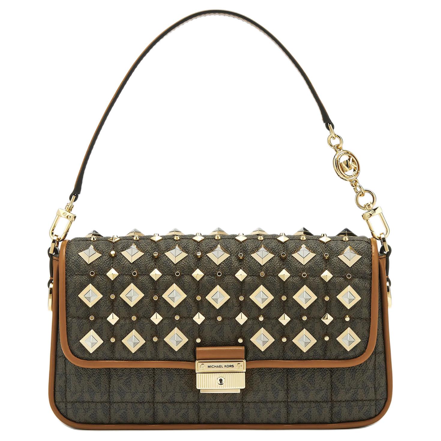 

Michael Kors MK Bradshaw Monogram Studded Double Strap Faux Leather Baguette Underarm Bag Tote Bag Shoulder Bag Small Women bags 30T1T2BL1U-252 Basic Set (Bag+Dust Bag)