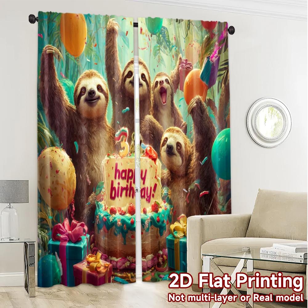 2pcs, 2D FLAT PRINTING Curtains (Without Rod) Sloth Party Time Chic Curtain Cloth Prints Light Filtering Curtains Thermal