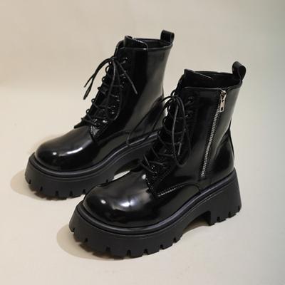 British Patent Leather Platform Motorcycle Boots for Women Designer Soft-soled Increase Women's Shoes Fashion Ankle Boots Female