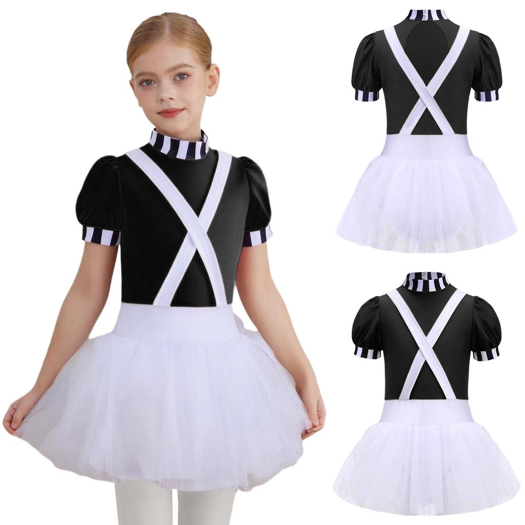 Kids Girls Chocolate Factory Worker Halloween Costume Mock Neck Short Stripe-Cuffed Sleeves Back Cut Puffy Built-In Crotch Press Buttons Dress Braces