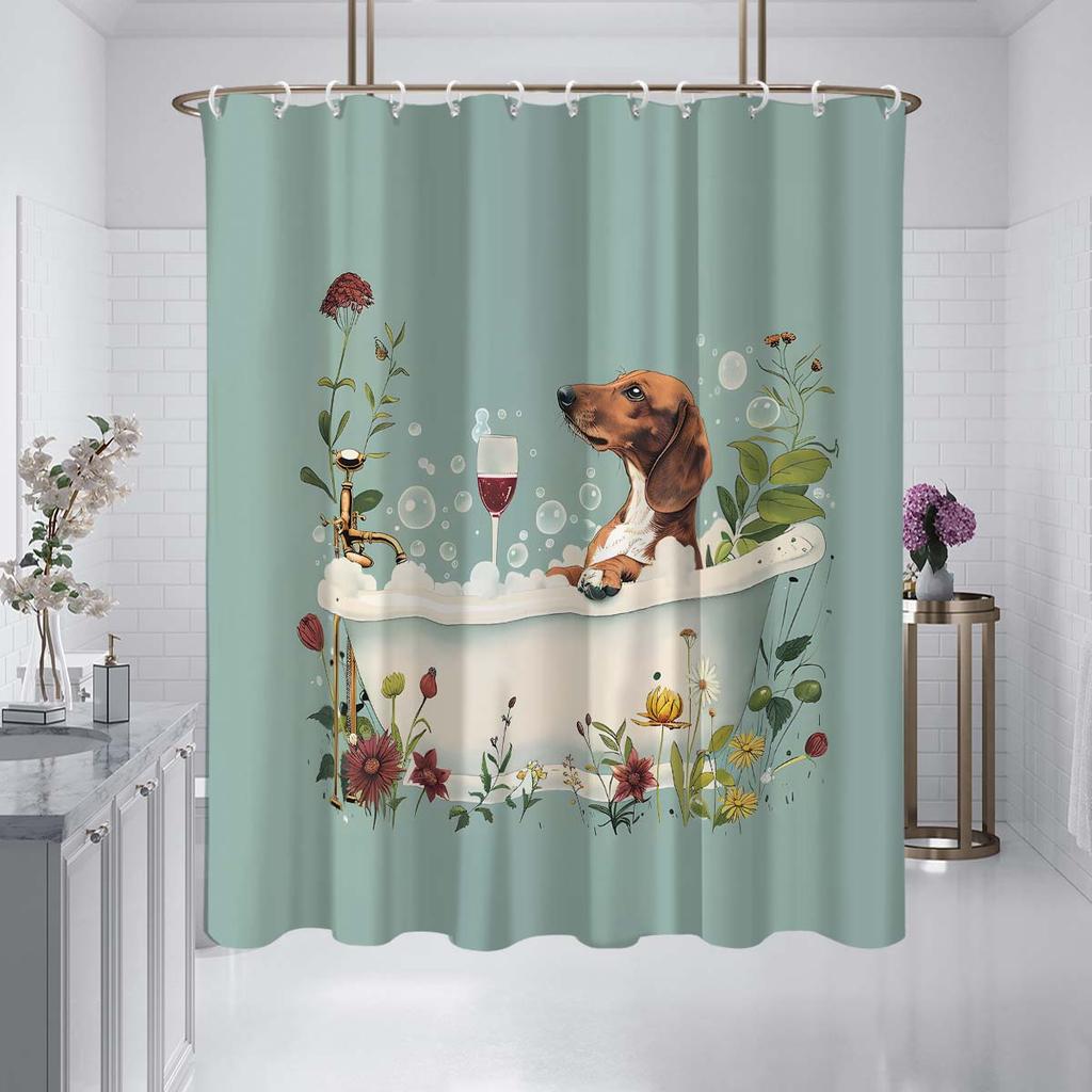 1pc bathtub with puppy print waterproof shower curtain, shower partition curtain with 12 hooks, multi size machine washable