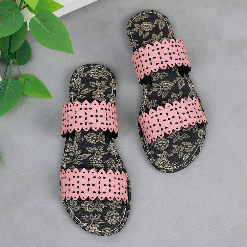 Summer Outer Wear One Word Flip Flops Printed Hollow Out Fashion Lightweight Casual Sandal Flops