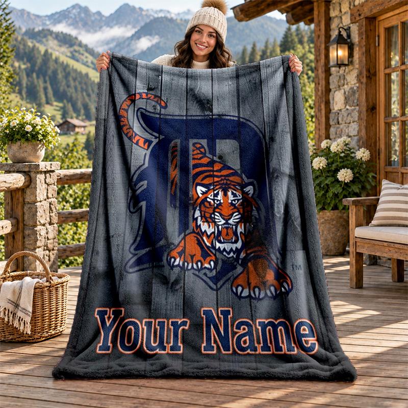 Detroit Tigers Custom Name Flannel Blanket Personalized Soft Warm Plush Throw Blanket Customized Gift for Family Friends