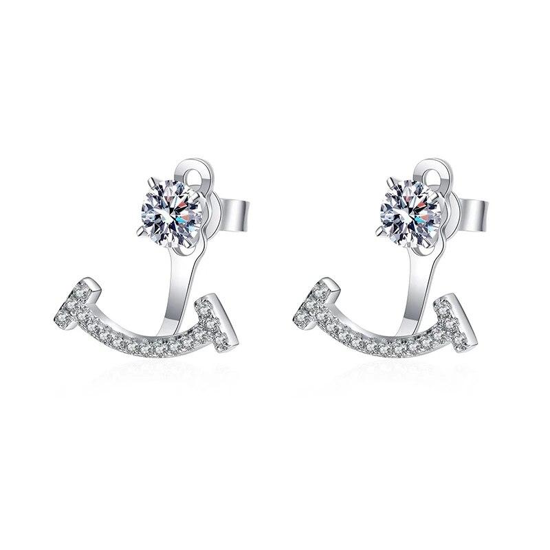 Certified Moissanite Diamond Smile Ear Cuff Jacket Stud Earrings for Woman Simple Front Back Stud Earrings 925 Silver Jewelry