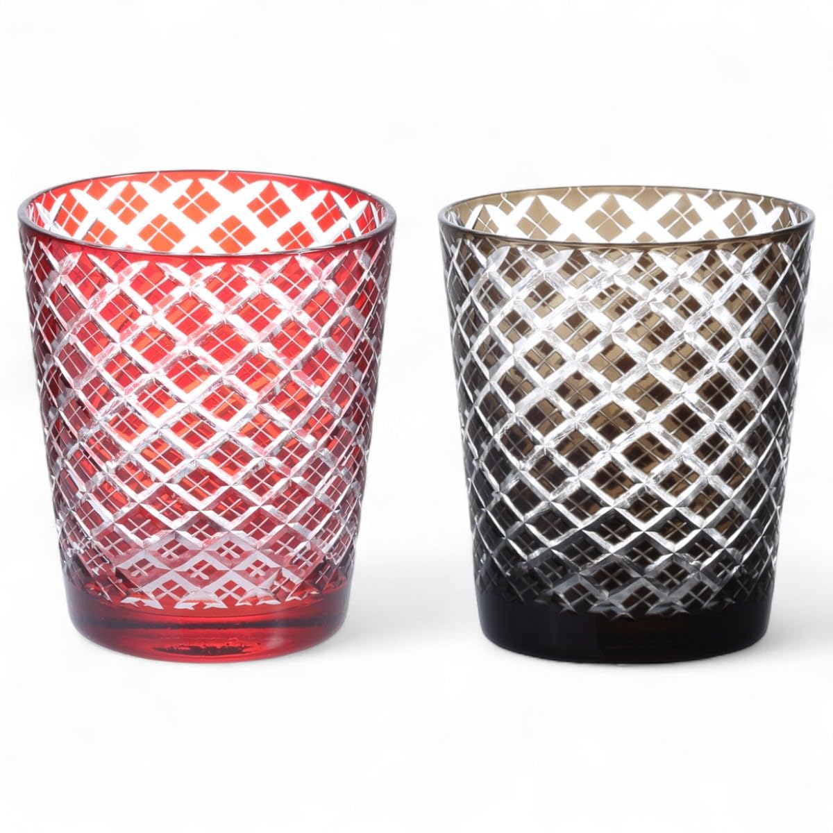 

Mizukage Kiriko Pair Glass Cups 220cc Diamond Pattern Red Brown Bishou Current Model J-kitchens 79xH90mm &