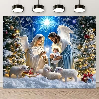 2D Holy Family Nativity Christmas Snow Scene Photo Backdrop Xmas Religious Background