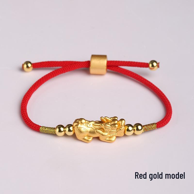 

Handmade Sterling Silver & Gold-Plated Red Rope Pixiu Bracelet for Women Pure Silver