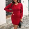 Women's V-Neck Long Sleeve Neck Waist High Waist Sweater Dress Knit Dress