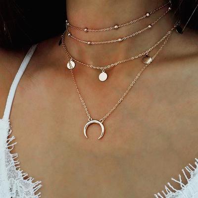 Fashion Women's Neck Chain Trendy Street Shot, Multi-layer Round Bead Chain Sequined Moon Pendant Necklace