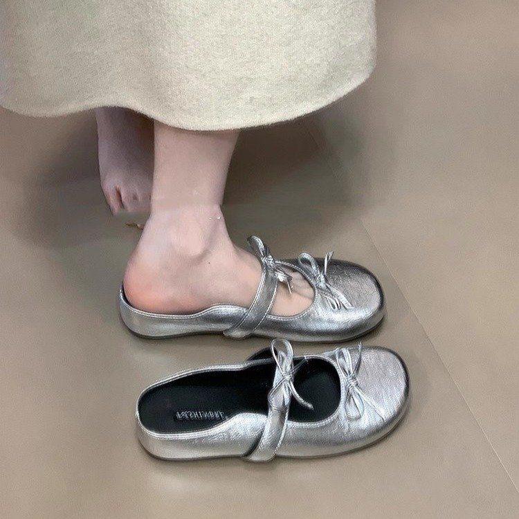 Bow 2025 bag head half slippers femininity Mary Jane shoes shallow mouth flat bottom summer new inner height increase round head