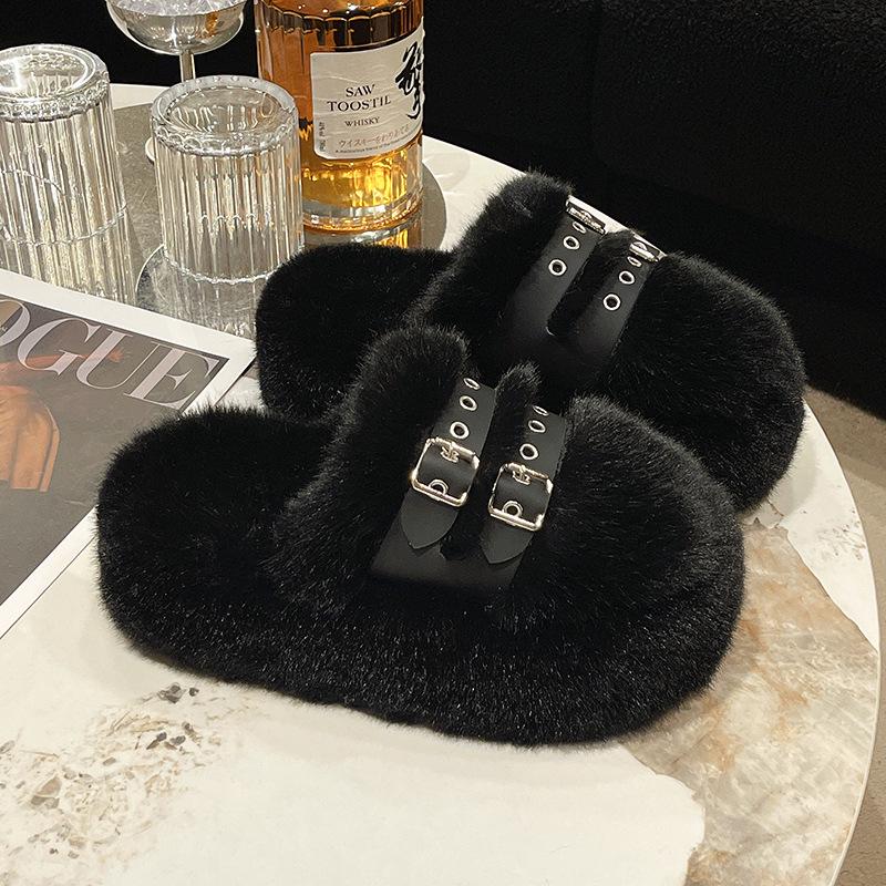 2025 Autumn/Winter Women's Plush Platform Slippers - Cozy Cotton, Thick Sole, Closed Toe