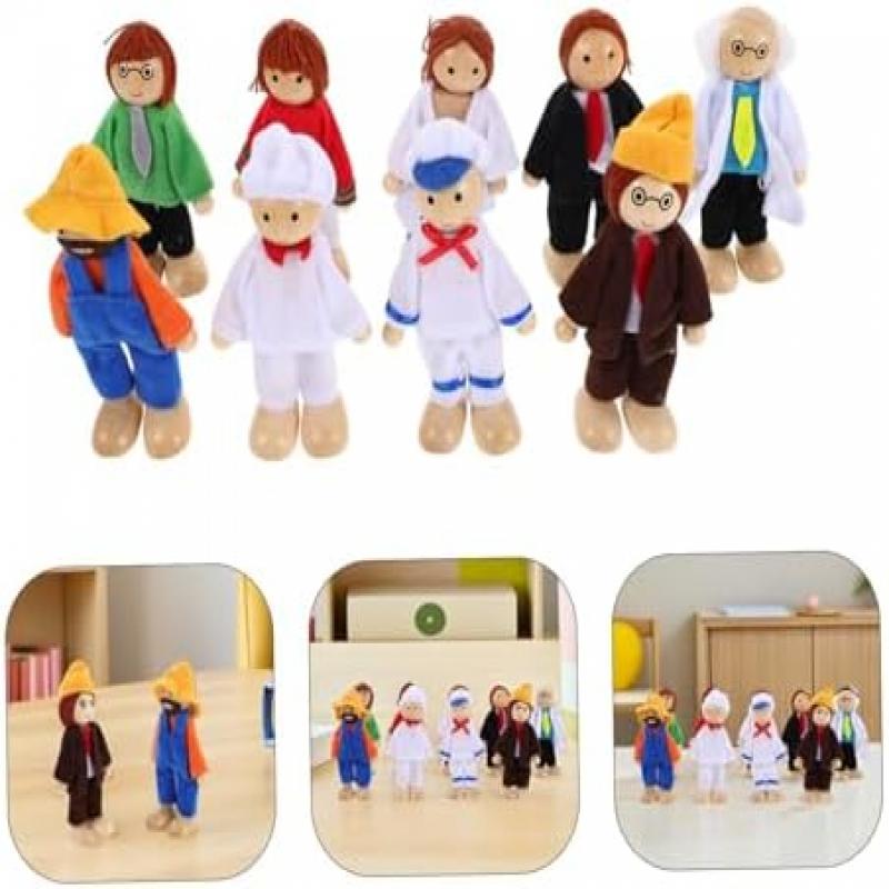 9-Piece Wooden Dollhouse Set with Movable Mini Wooden Figures in Fabric Clothing Includes Doctor Builder Chef Educational Imaginative Role Play Toy
