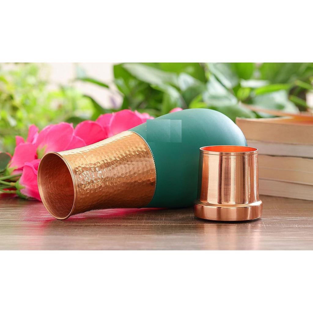 Pure Copper Bedroom Bottle, Vase Design Half Green Silk Half Hammered Finish, Drinkware & Storage Purpose - Volume 1425 Ml