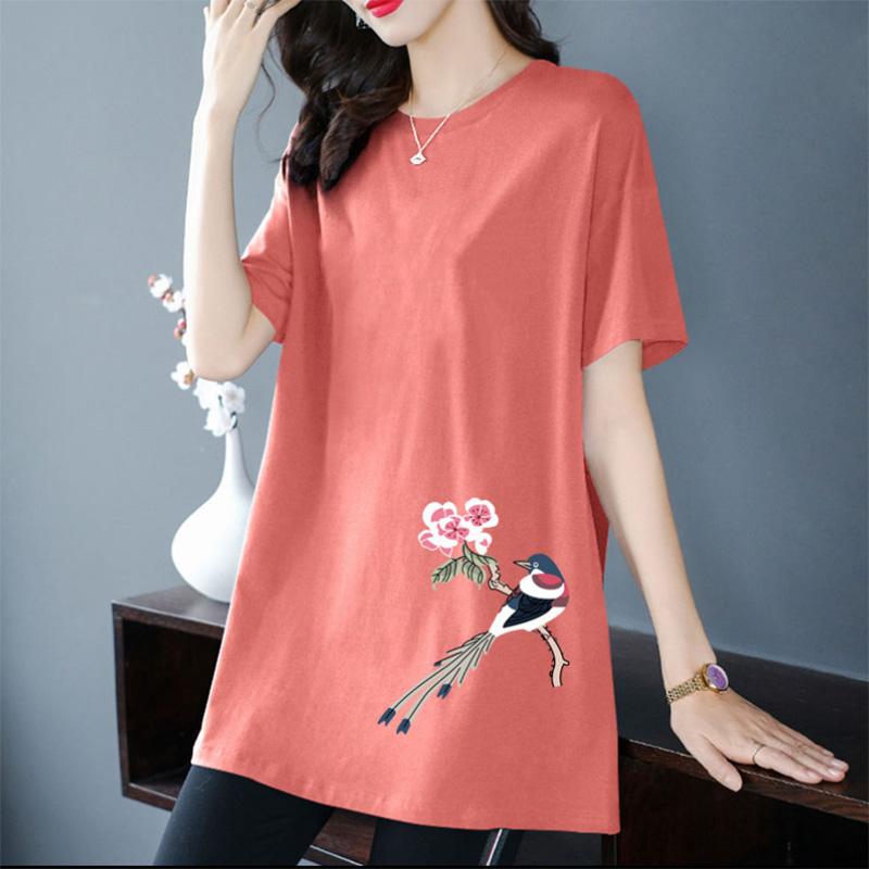 100% bumbac Tricou cu mânecă scurtă de lungime medie pentru femei Vară cu model de culoare uni Imprimare All-match Subțire de lungime medie Top Trendy