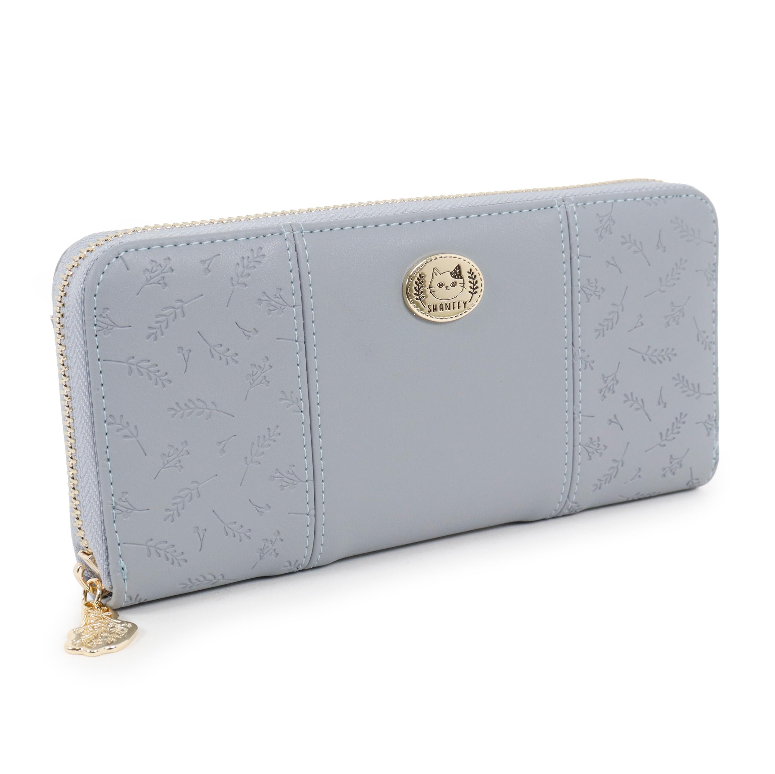 Long Round Cute Cat Character Floral Embossed [Shanfy] Women s Wallet, Zipper, Brooch, (Blue) синий
