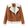 Giacca in finta pelle da donna, foderata in pile, calda, a maniche lunghe, vestibilità attillata, cappotto corto, elegante, colletto con revers accorciato, cerniera, bomber casual, in nero