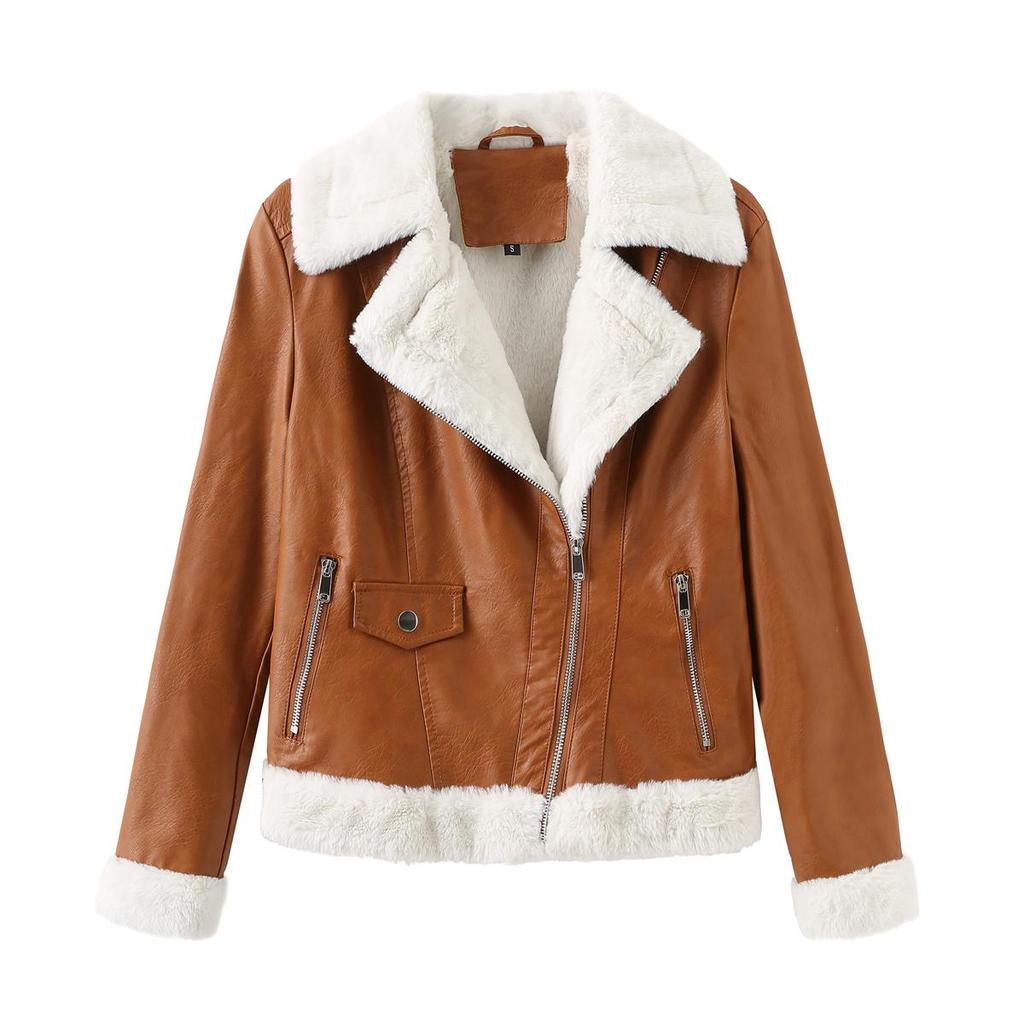 Giacca in finta pelle da donna, foderata in pile, calda, a maniche lunghe, vestibilità attillata, cappotto corto, elegante, colletto con revers accorciato, cerniera, bomber casual, in nero