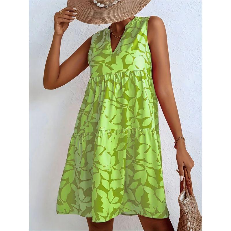 

plus Size Women s Clothing New V Neck Print Fashion A- line Pleated Slim-Fit Sleeveless Mid Length Long Length Vest Dress Dress Olive green M